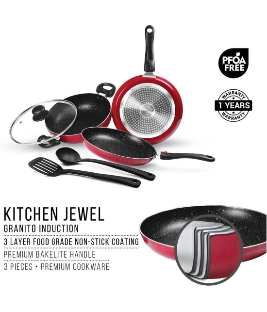 Milton Pro Cook Kitchen Jewel Set of 5 (Fry pan 24 cm/1.6 Litres; Kadhai 24 cm/2.5 Litres with glass lid; Tawa 25 cm;Nylon Laddle and Spatula), Maroon | Induction | Dishwasher | Hot Plate | 