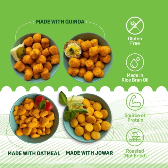 Natible Roasted Puffs (Combo Of 60 Gm Jowar Cheese & Herbs Puffs, 70gms Quinoa Dahi Papdi Puffs, 70gms Quinoa Cheese Jalapeno Puffs, 70 Gms Oatmeal Spanish Tomato Puffs)