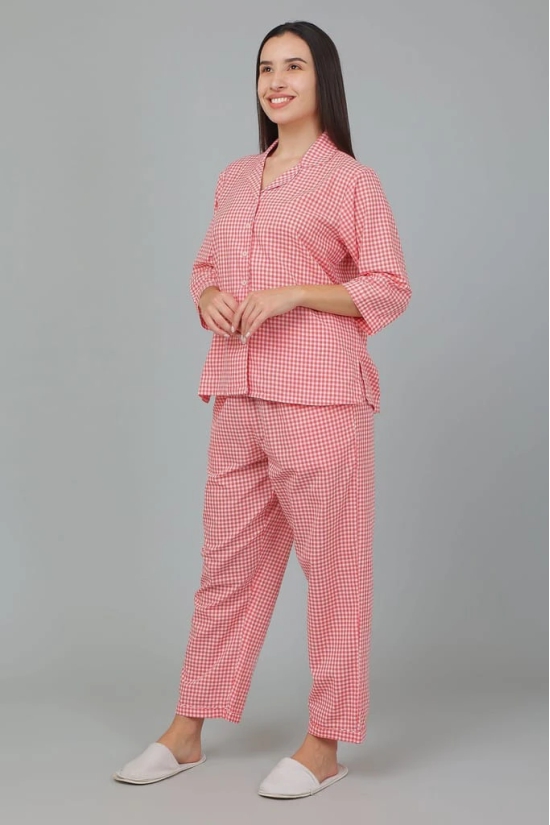 BREATHABLES Women Cotton Checks Nightsuit Shirt and Pants Co-ord Set 3/4 Sleeve Notched Collar Comfort Loose Fit (Night Wear | Co-ord set | Lounge Wear Set)