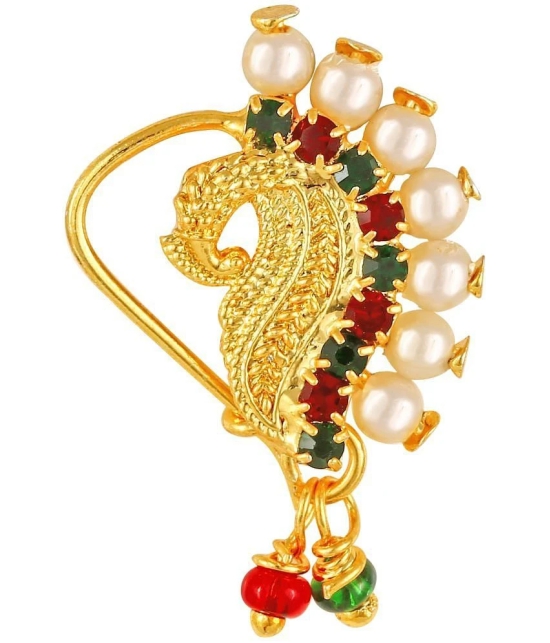 Vivastri Gold Plated Red Stone with Peals Alloy Maharashtrian Nath Nathiya./ Nose Pin for Women &Girls VIVA1005NTH-TAR - Multi Color