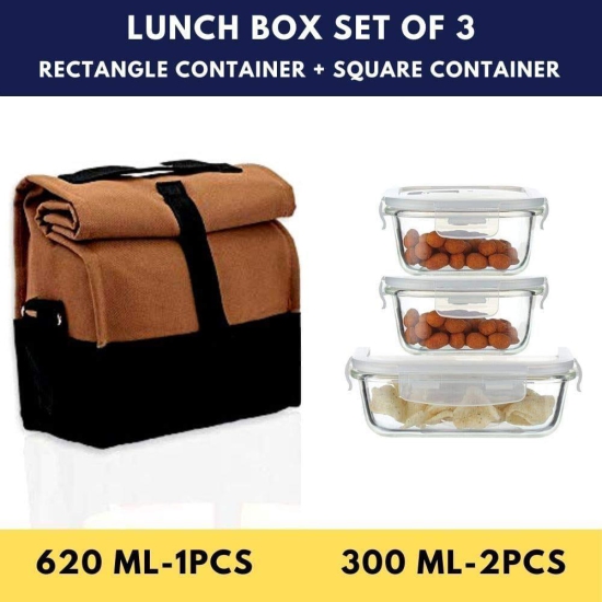 Femora Borosilicate Glass Container Camel Black Lunch Box- Set of 3