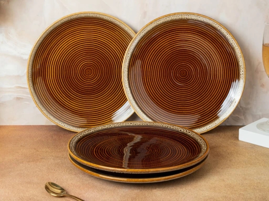 Handcrafted Reactive Glaze Ceramic Dinner Plates, 4 Pieces Serving for 4, Microwave and Dishwasher Safe, Bone-ash Free, Full Plate Set Crockery for Dining and Gifting, Peanut Brown