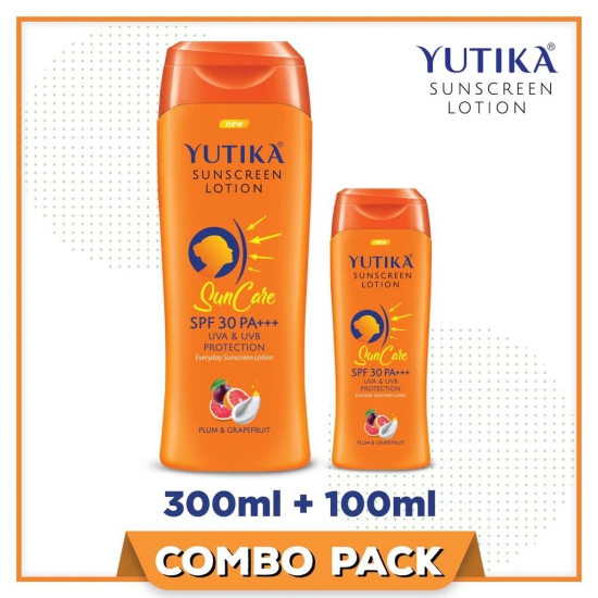 Yuthika Sunscreen Lotion SPF 30 PA+++ with UVA & UVB Protection, Sunscreen for All Skin Types Combo Pack (300ml + 100ml)