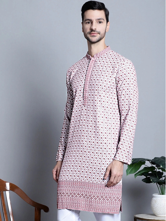 Mens Chikankari Embroidered Kurta Only-L / Pink