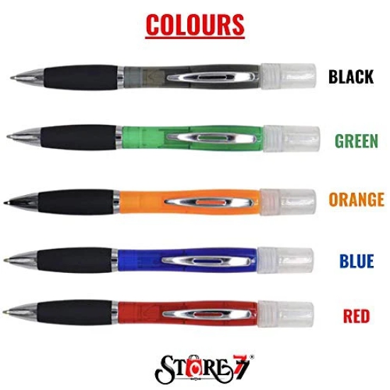 STORE77 Spray Pen Empty Refillable Travel Bottle 3 ml for Perfume, Essential Oil or Hygiene, 3 in 1 Multi-Purpose Stylus, Ballpoint Writing Pen- Black Ink, Multi Color, 5 Pack