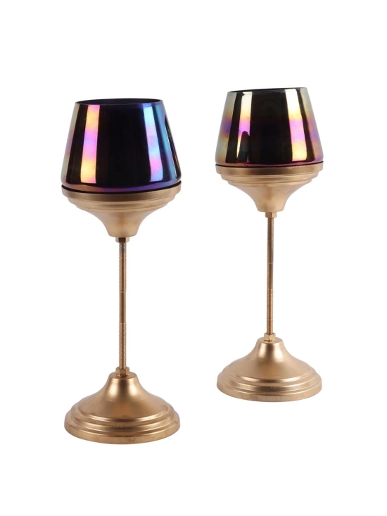 Black Glass Candle Holder and Planter with Stand set of 2-Gold