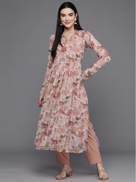 Women Floral Printed Pleated Gotta Patti Kurta with Trousers