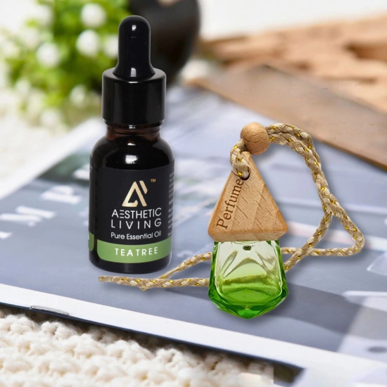 Aesthetic Living Car Aromatizer Diffuser Bottle with Essential Oil (Crystal Colored Transparent Combo- 8 ml + Tea Tree Essential Oil, 15 ml)