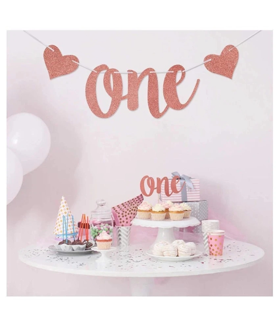 1st Birthday Decoration Supplies for Girl - One High Chair Banner and One Cake Topper - Rose Gold First Birthday Decorations - Baby Girl One Year Old Birthday Party Supplies