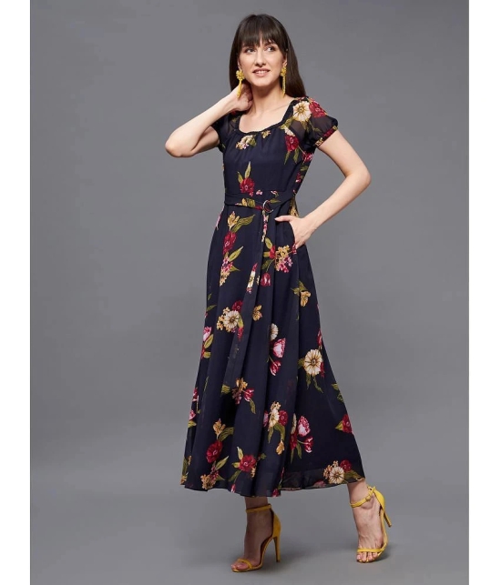 Miss Chase Georgette Printed Midi Womens Fit & Flare Dress - Navy ( Pack of 1 ) - None