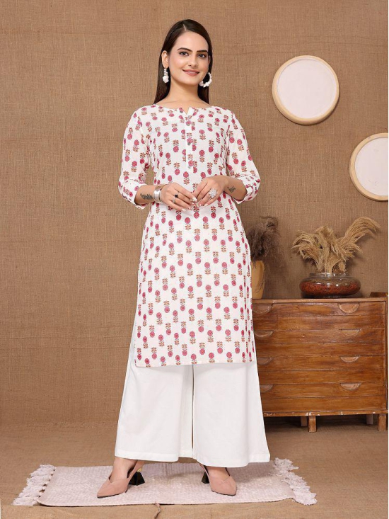 Rangita Women Cotton White Printed Knee Length Straight Kurti - None