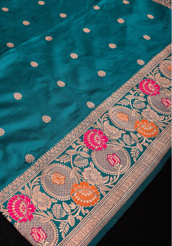 Teal Banarasi Pure Katan Silk Saree with Floral Meenakari Border and Butta | SILK MARK CERTIFIED