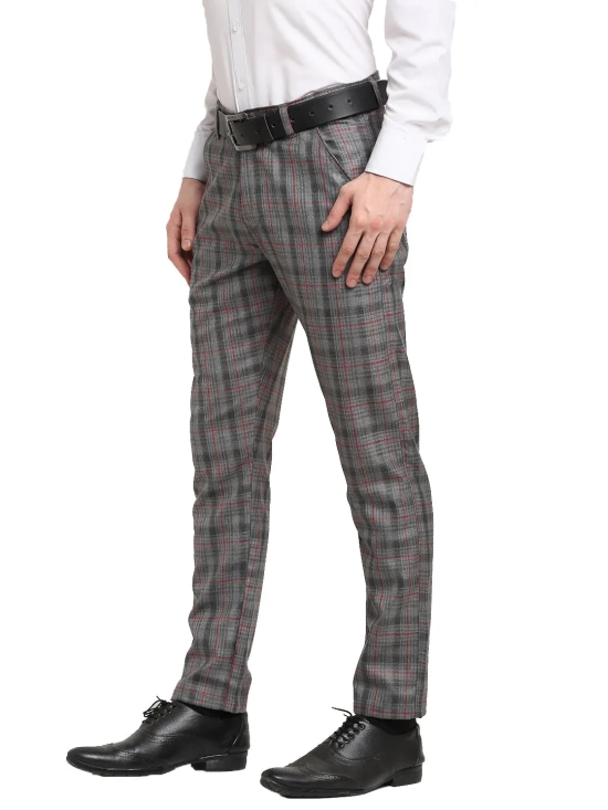 Indian Needle Men's Grey Cotton Checked Formal Trousers-32 / Grey