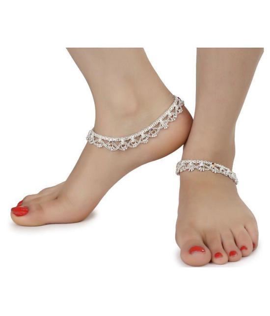 AanyaCentric Combo of 2 Pair Silver Plated White Metal Indian Traditional Ethnic Payal Anklets - Silver