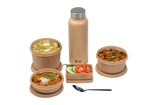 Lunch Box Set with Insulated Bag and Steel Cutlery – 3 Microwave Safe Steel Containers BPA Free (290ml, 450ml, 600ml), Plastic Pickle Box (180ml), and 750ml Steel Water Bottle(Beige)