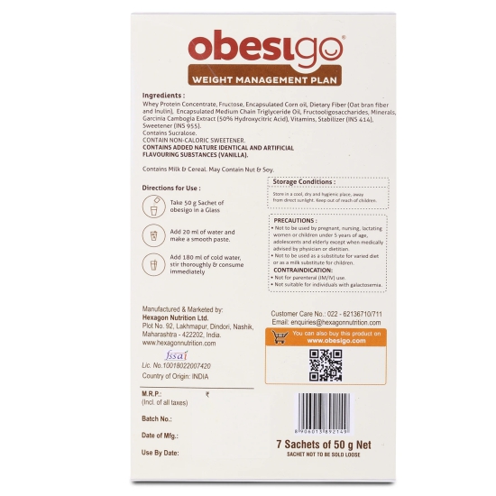 Obesigo BLCD Obesigo Meal Replacement Weight Loss And Weight Management Plan (Vanilla Flavor) - 350Gm (7 Sachets Of 50G Each)