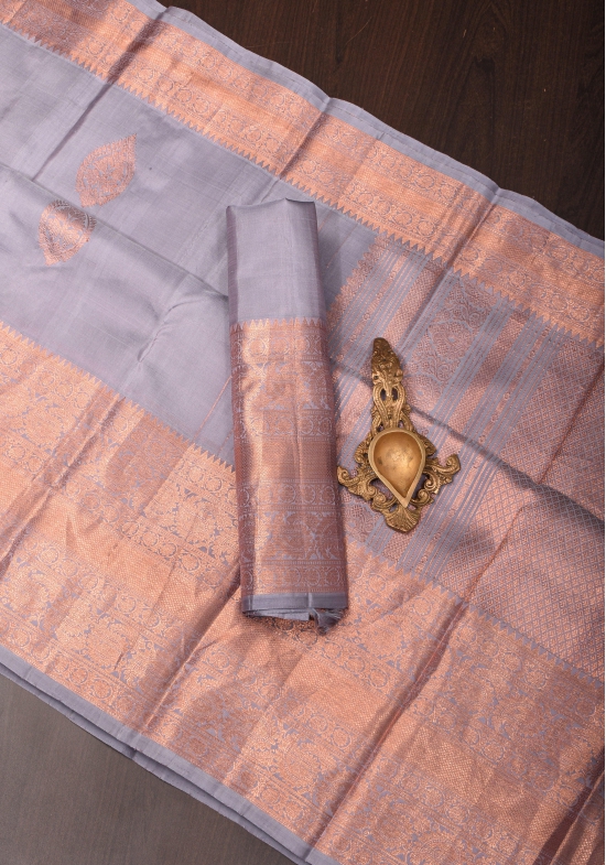 Gray Kanjivaram Pure Silk Saree with Damask Motifs with wide zari copper border | SILK MARK CERTIFIED