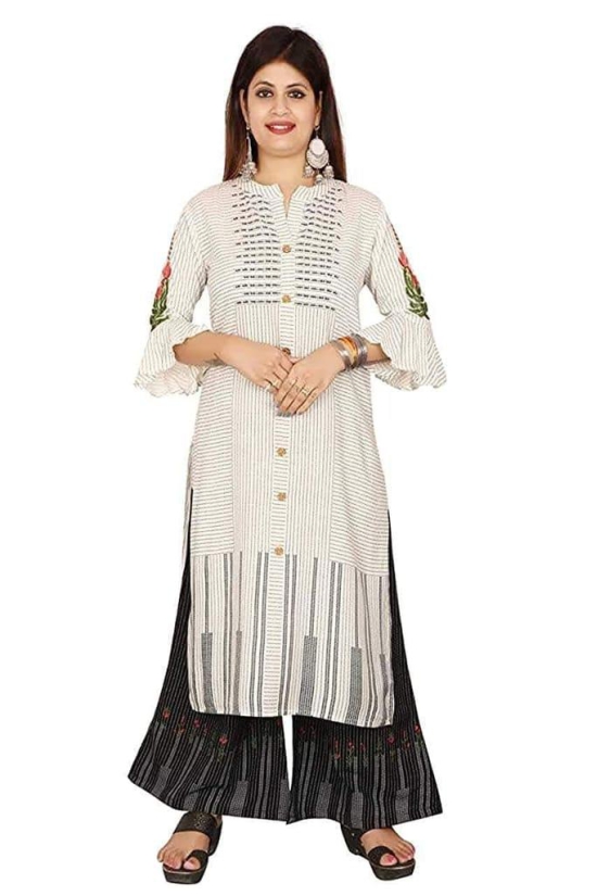 Monika Fashion Womens Rayon Hand Work Casual Wear/Ethnic wear/Kurti Palazzo Set Calf Length Kurti Plazo Set for Women