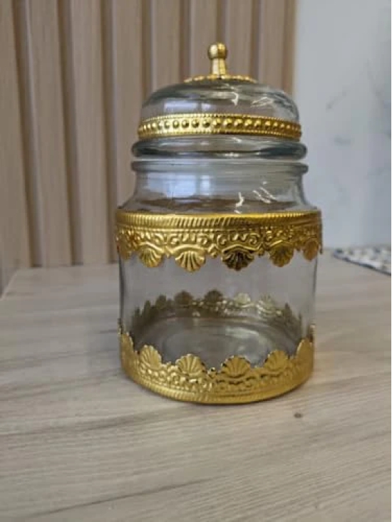 Aarna Creations Designer Medium Glass jar with metal work | Air tight glass jars with antique golden work | Glass & metal container