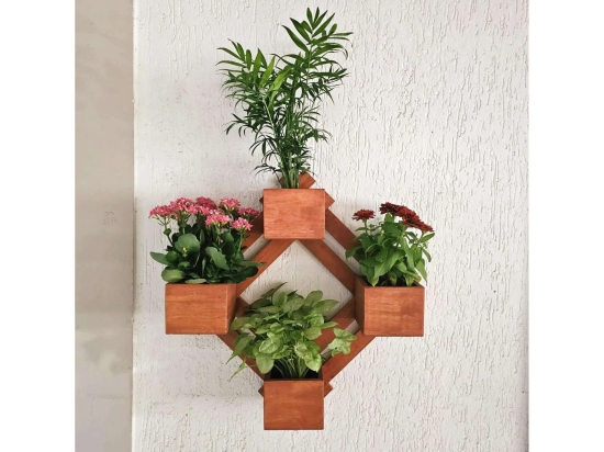 BARISH - Wall Mounted Planter - Diamond | Handcrafted with Rubberwood | Indoor Planter Frame with Stand 25 x 25 x 6 Inches - Sandy Brown