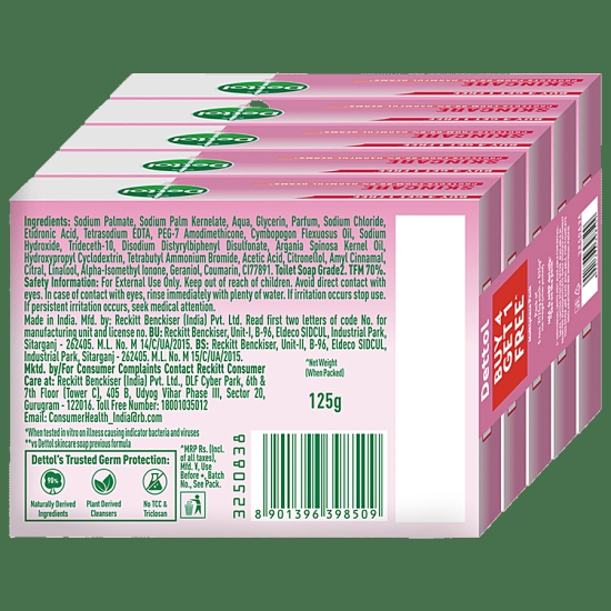 Dettol Skincare Moisturizing Bathing Soap Bar With Glycerine, 125 G Each (Buy 4 Get 1 Free)