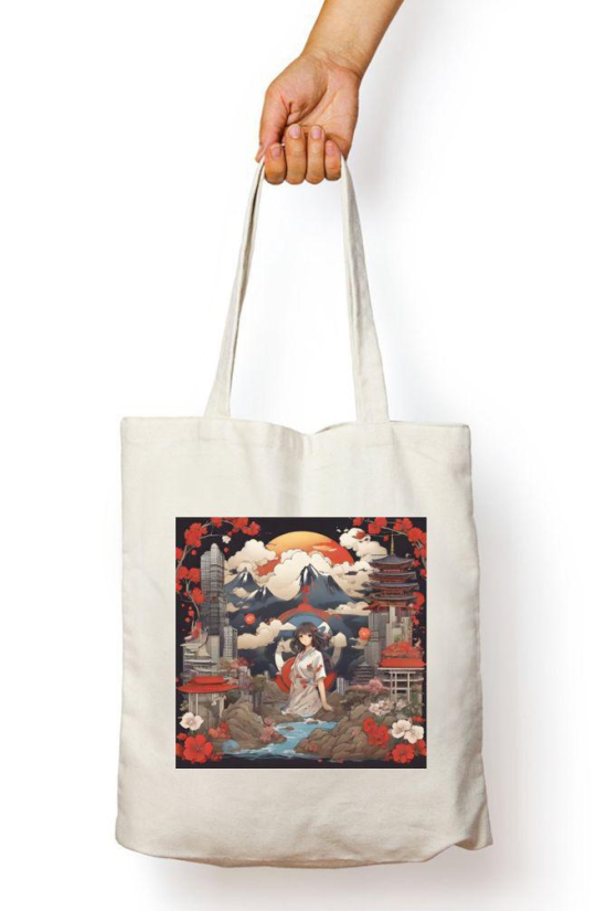 Tote Bag with Zipper - Japanese Lady-White / Standard