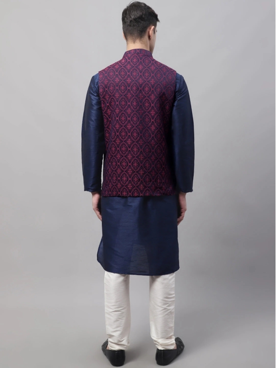 Men Navy Blue Solid Kurta Pyjama with  Maroon Woven Design Nehru Jacket-XL / Maroon