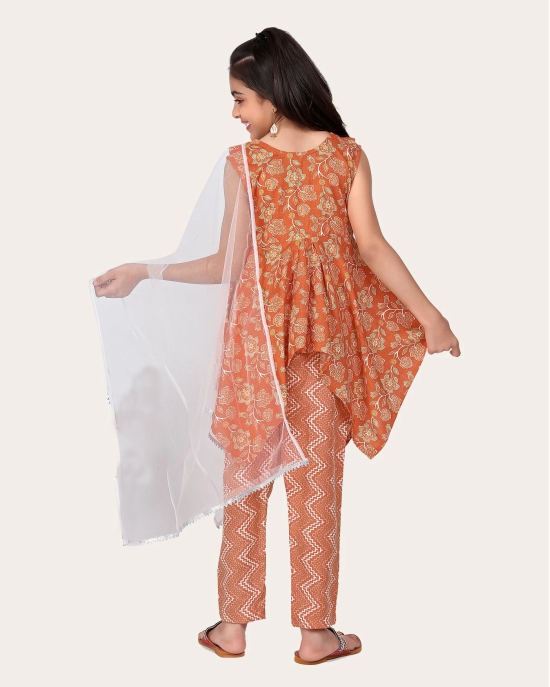 Designer Cotton Print Work Kid Top Bottom With Dupatta Orange-Yellow / 5 - 6 Years