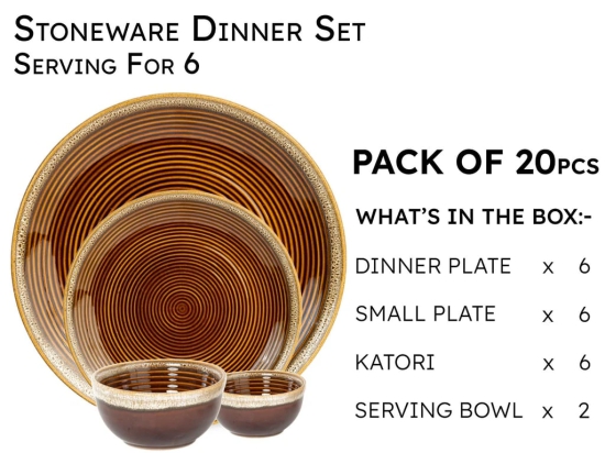 Handcrafted Stoneware Reactive Glaze Ceramic Dinner Set, 20 Pieces Serving for 6, Microwave and Dishwasher Safe, Bone-ash Free, Crockery Set for Dining and Gifting, Peanut Brown