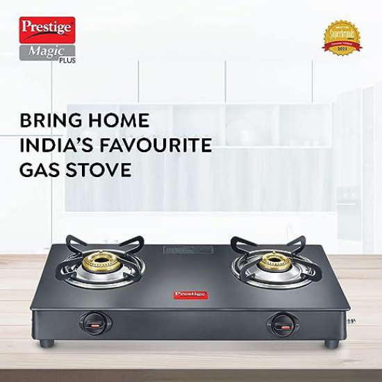 Prestige Magic Plus GTMP 02 Powder Coated Toughened Black Glass Top LP Gas Stove with 2 Brass Burner, Black