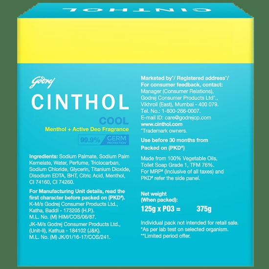 Cinthol Cool Menthol + Active Deo Fragrance Soap, 99.9% Germ Protection, 125 G (Pack Of 3)