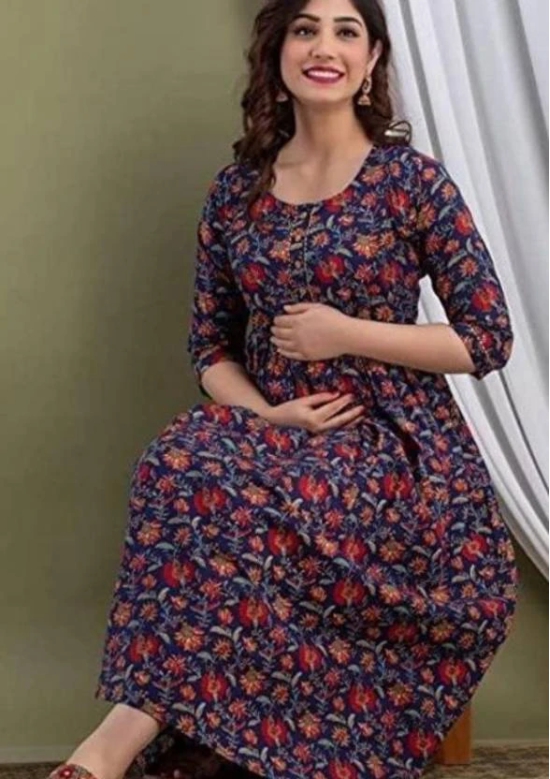 Women Floral Print Pure Cotton Anarkali Kurta  (Dark Blue)