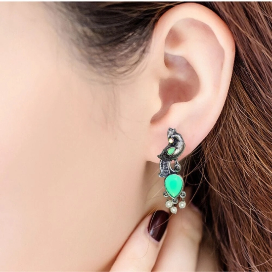 Oxidized Silver Peacock Earrings with Ocean Green Stones and Pearls