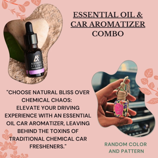 Aesthetic Living Car Aromatizer/ Diffuser Bottle with Essential Oil (Vase Shape-15 ml+ English Lavender Essential Oil, 15 ml)