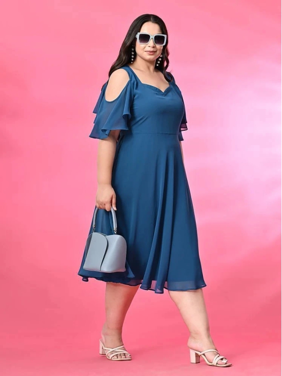 PrettyPlus by Desinoor.com Georgette Solid Midi Womens Fit & Flare Dress - Blue ( Pack of 1 ) - None