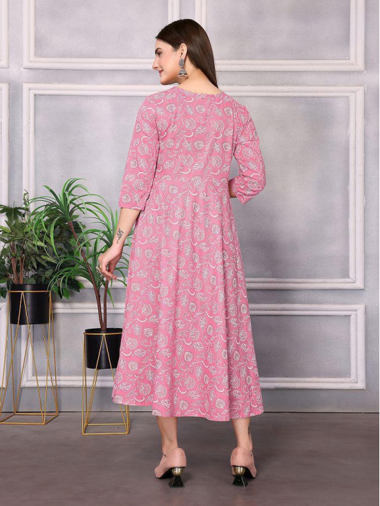 Rangita Women Cotton Pink Embroidered Calf Length Flared Kurti - None