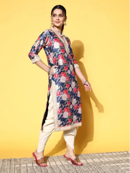 Women Navy Blue Floral Printed Pleated Kurta with Dhoti Pants