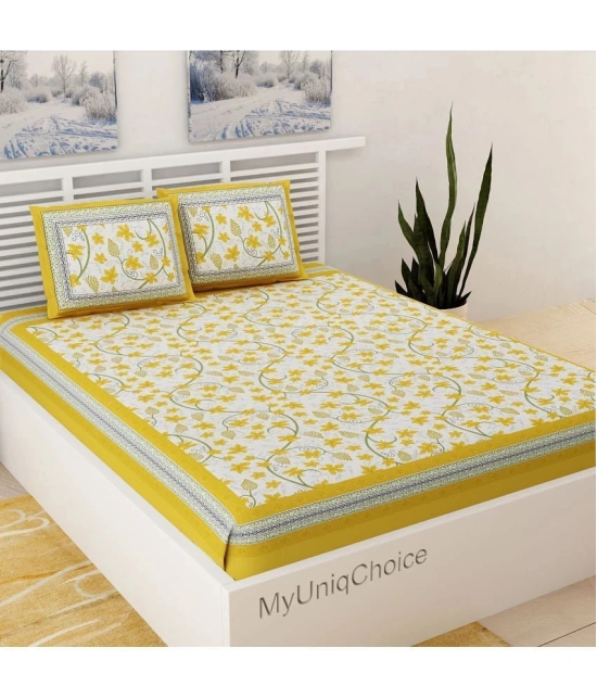 Uniqchoice Cotton Floral Double Bedsheet with 2 Pillow Covers- Yellow - Yellow