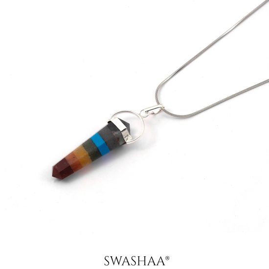 Bonded 7 Chakra Pencil Mens Chain Pendant | Natural Stone-Silver