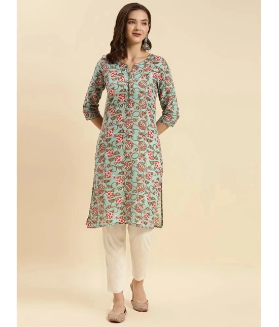 Rangita Women Sea Green Cotton Printed Knee Length Straight Kurti - None