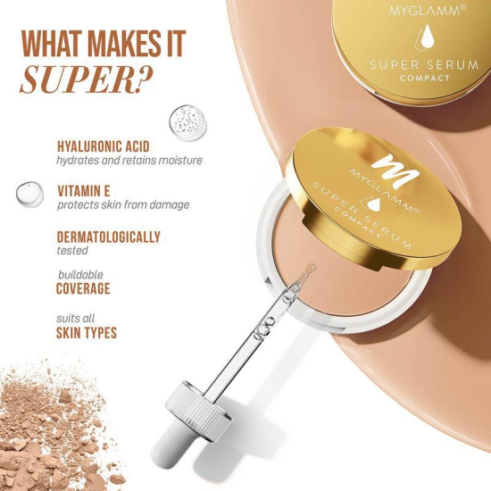 MyGlamm Super Serum Compact - 401N Mocha | Skin-Perfecting Hydrating Compact Powder With Hyaluronic Acid & Vitamin E for Skin Protection (9g)