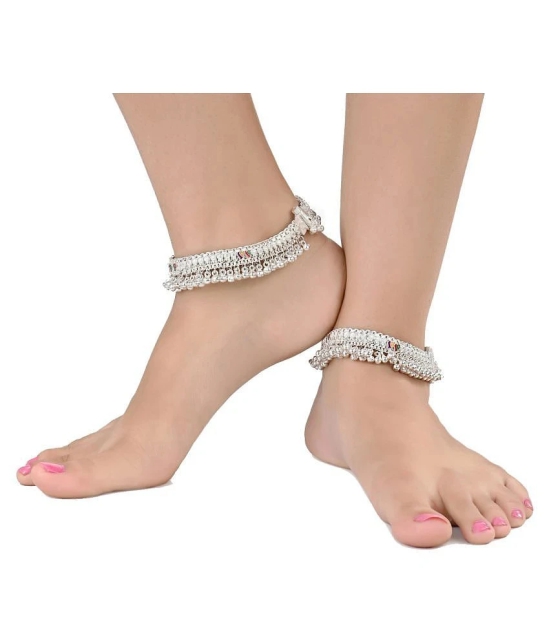 AanyaCentric Combo of 2 Pair Silver Plated White Metal Indian Traditional Ethnic Payal Anklets - Silver