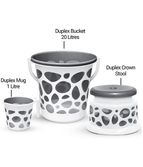 Milton Duplex Spa 3 Piece Set, Grey | 20 Litres Bucket with Mug & Stool | Bathroom Accessory Set