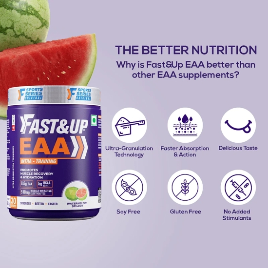 Fast Up EAA Intra-Training Workout drink with BCAA, Electrolytes, Vitamins. Muscle Recovery, 9 Essential Amino Acids, 30 servings, Watermelon Splash.-Fast & Up EAA Intra-Training drink with BCAA,