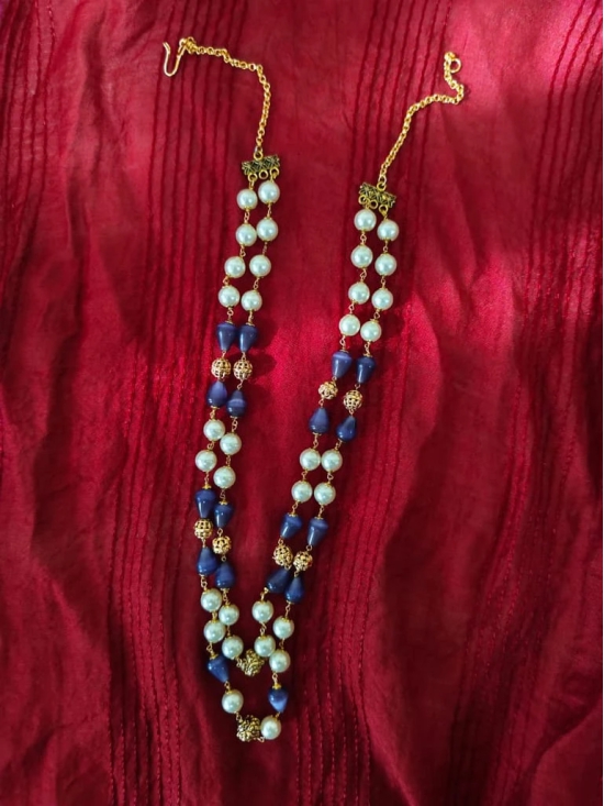  2 Layer Pearl and Blue Stone Necklace with Gold Plated Beads