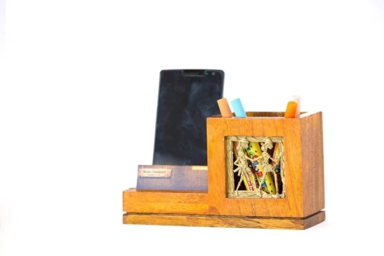 Mango Wood Pen Stand With Card & Mobile Holder