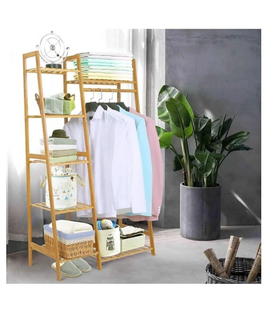 House of Quirk Bamboo Wood Garment Rack Clothing Rack with 5 Tiers Storage Shelf Corner Clothes Hanging Rack (Ladder Design)(80cm Width)