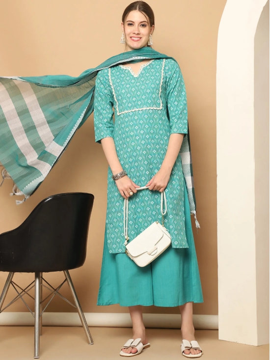 Printed green kurta with lace work, pallazos dupatta set-XL / Green