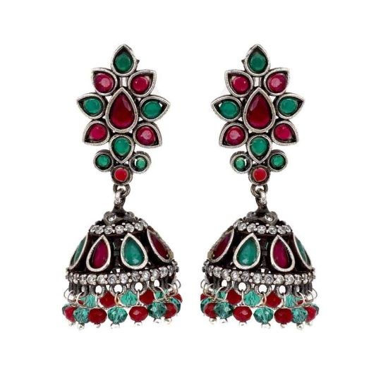 Abhaah antique Ruby Emerald american diamond (AD) German oxidised silver jadau pink and green kundan latest design stud jhumka (jhumki) earrings for woman and girls