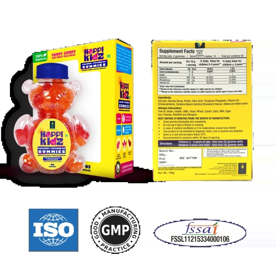 BRITISH LIFE SCIENCES PVT LTD ; Nutrition For A Healthy Beginning Happikidz Calcium + Vitamin D Gummies For Kids (60 Count Gummy Bears) - Kids Nutrition, Bones And Teeth, Boosts Immunity - Strawb